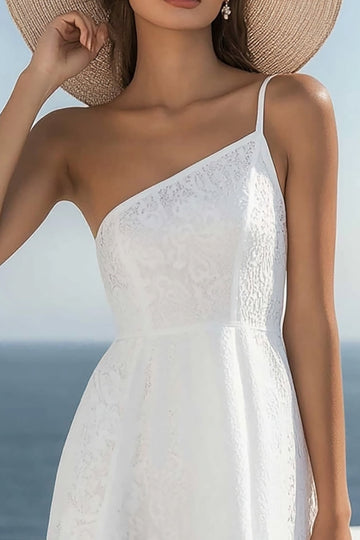 White One Shoulder A Line Lace Graduation Dress